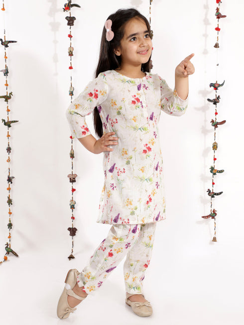 Vastramay Girls' Multicolor-Base Cream Kurta Pant set